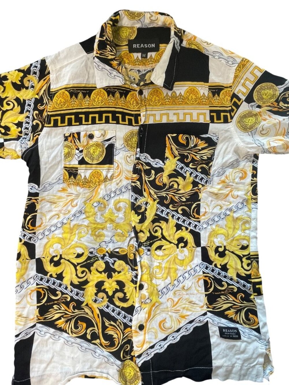 Reason Mens Patterned Button-Up Shirt With Gold & Black Medallion Design Size M - Picture 2 of 11